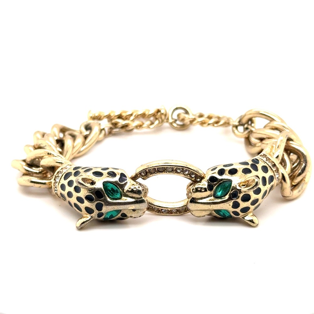 Vintage Gold Tone Double Panther Head Chunky Chain Bracelet Green Eyes 8-9in